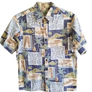 Paradise Bay Shirt Mens Medium Hawaiian Blue Floral USA Canoes Paddles‎ Vintage